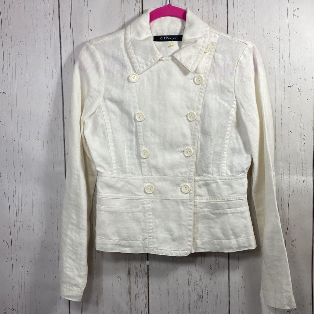 City Unlimited Womens Linen Double Breasted White Utility Jacket